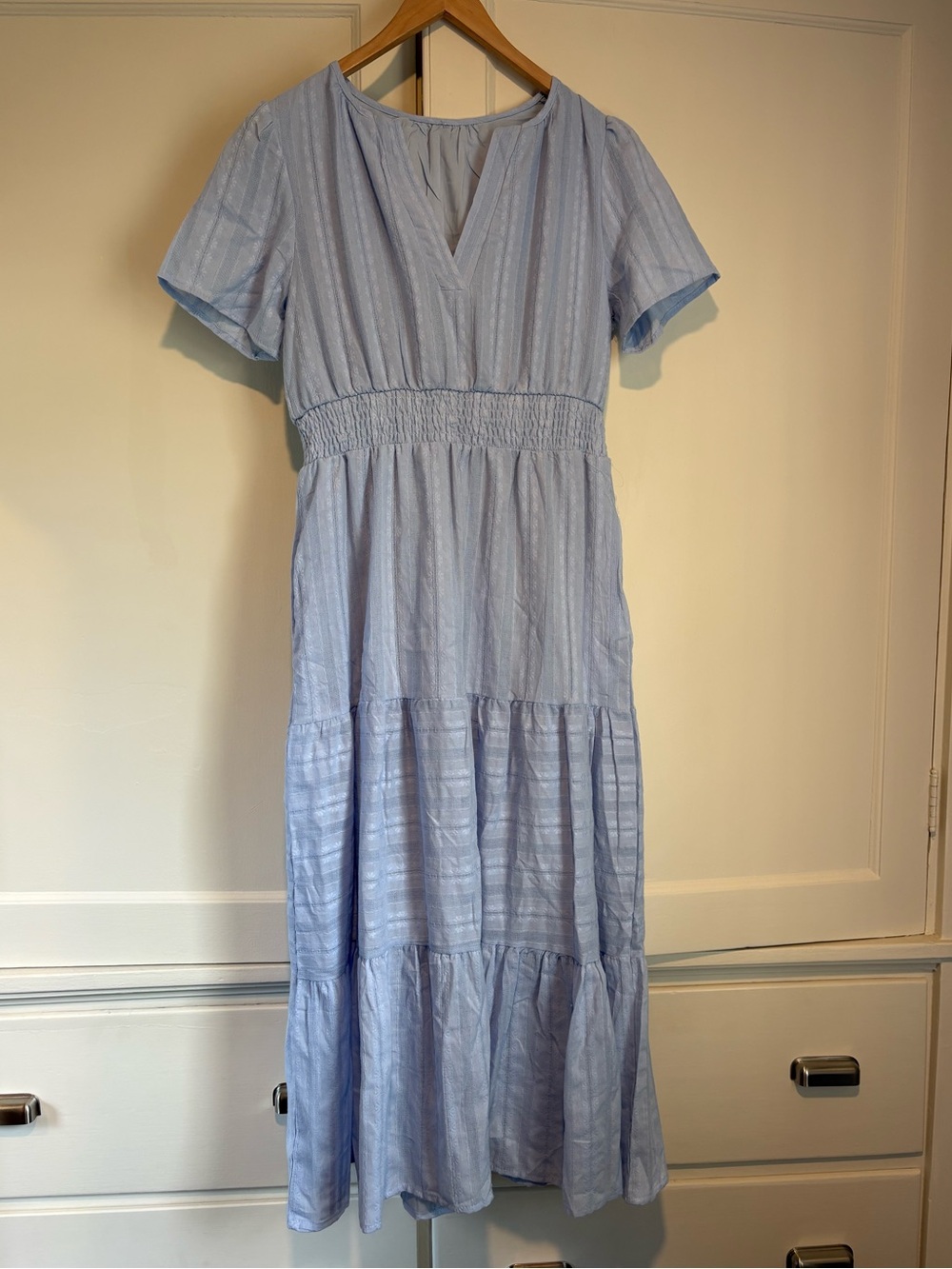 Short Sleeve Light Blue Textured Maxi Dress